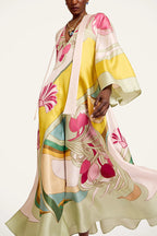 Darla Satin Colorful Baroque Style Printed Tie-up Neck Bell Sleeve Maxi Dress