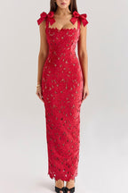 Lace Bow Shoulder Strap Sweetheart Neck Scalloped Bodycon Maxi Dress