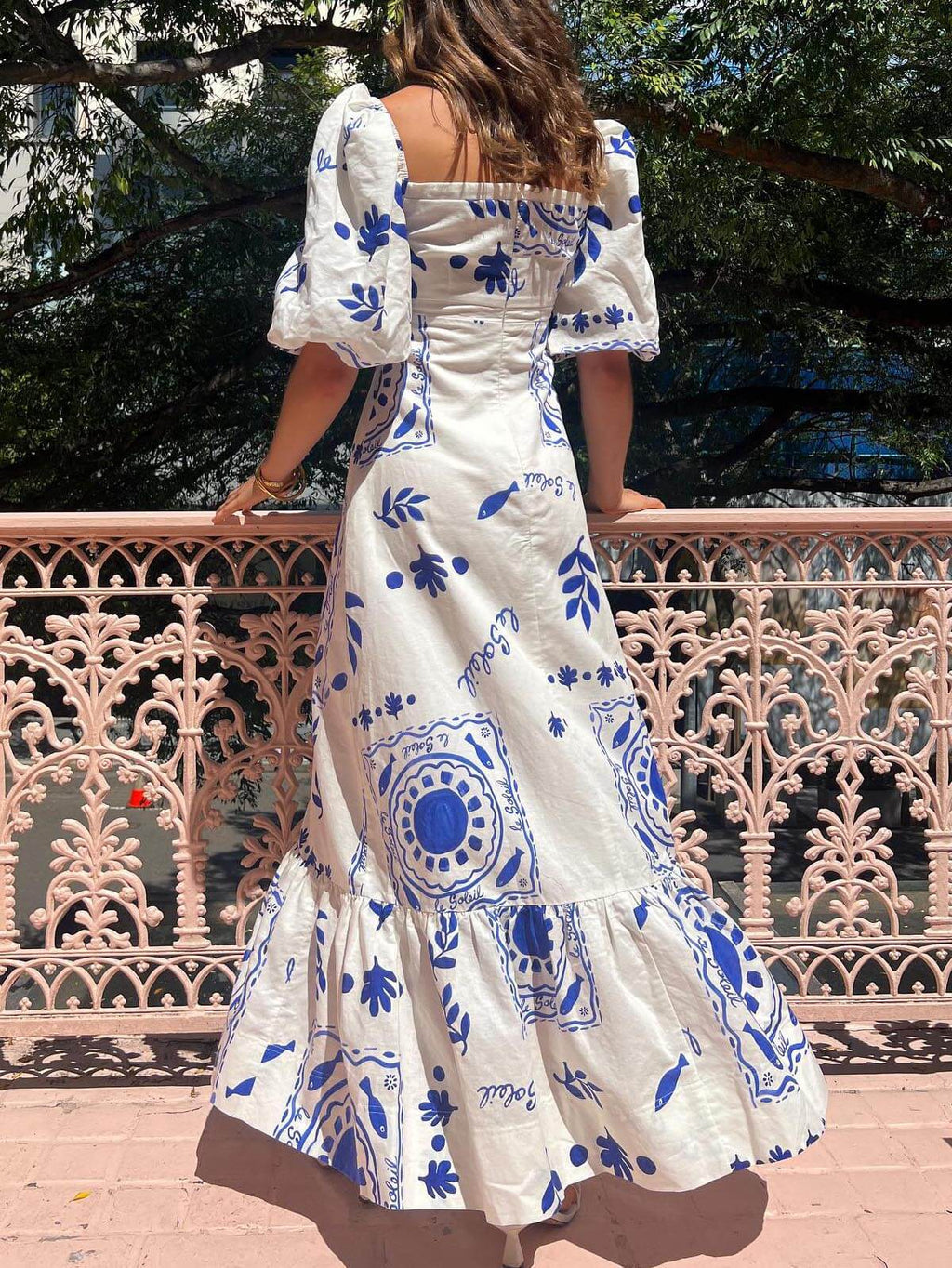 Mediterranean Tile Print Square Neck Puff Sleeve Tiered Maxi Dress