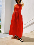 Square Neck Spaghetti Strap Tie Waist Pocket Maxi Dress