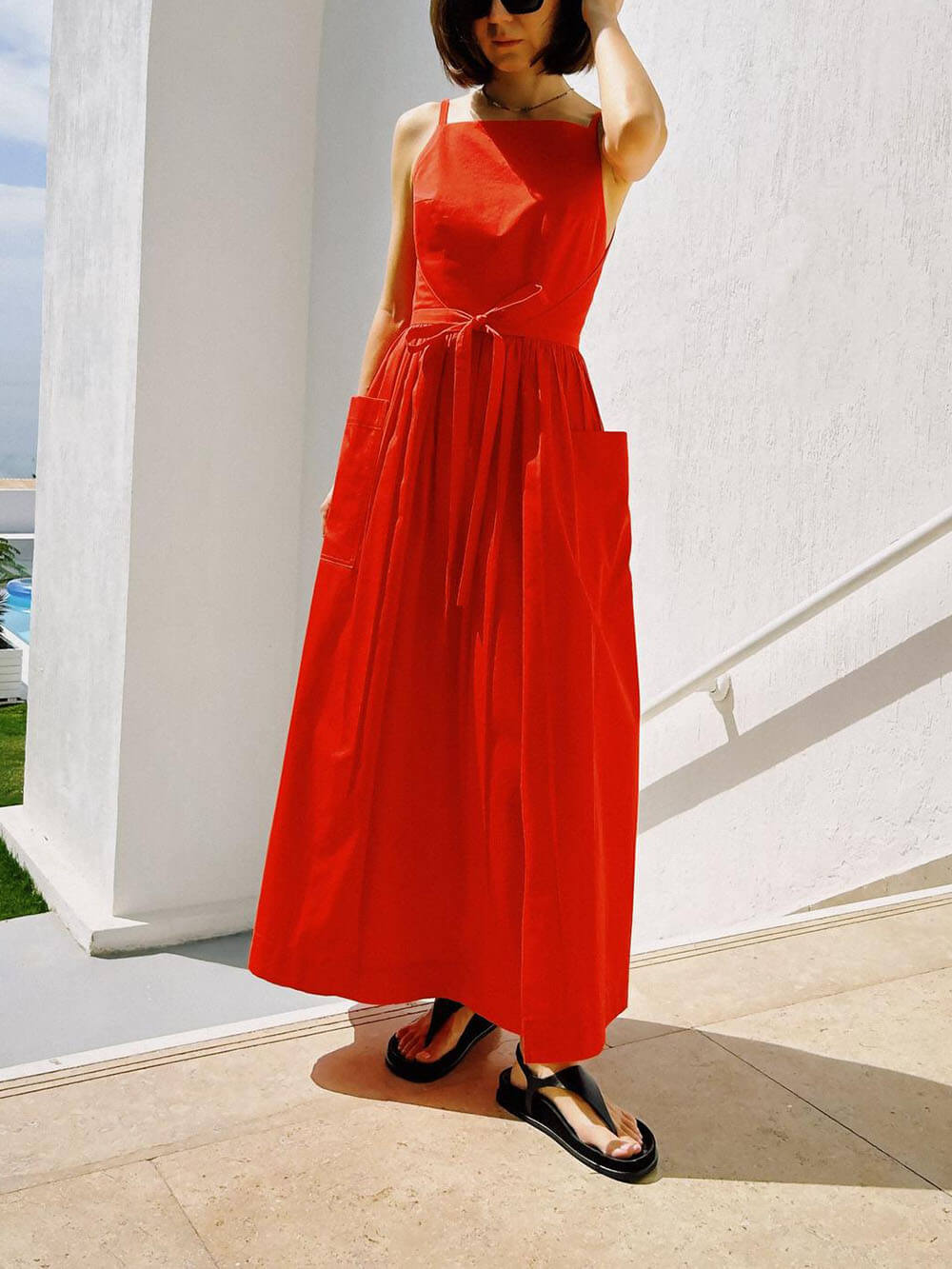 Square Neck Spaghetti Strap Tie Waist Pocket Maxi Dress