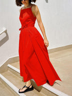 Square Neck Spaghetti Strap Tie Waist Pocket Maxi Dress