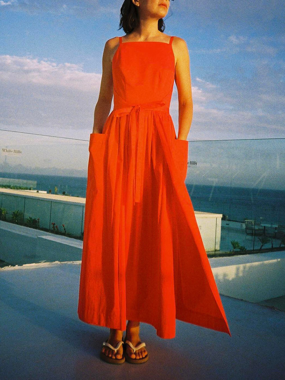 Square Neck Spaghetti Strap Tie Waist Pocket Maxi Dress