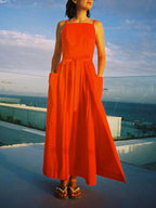 Square Neck Spaghetti Strap Tie Waist Pocket Maxi Dress