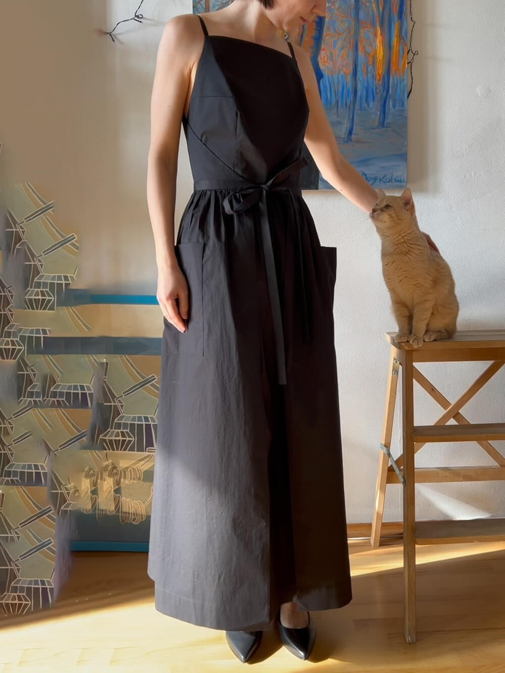 Square Neck Spaghetti Strap Tie Waist Pocket Maxi Dress