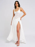 Lace Overlay Corset Bodice Scoop Neck Pleated Thigh Slit Maxi Dress