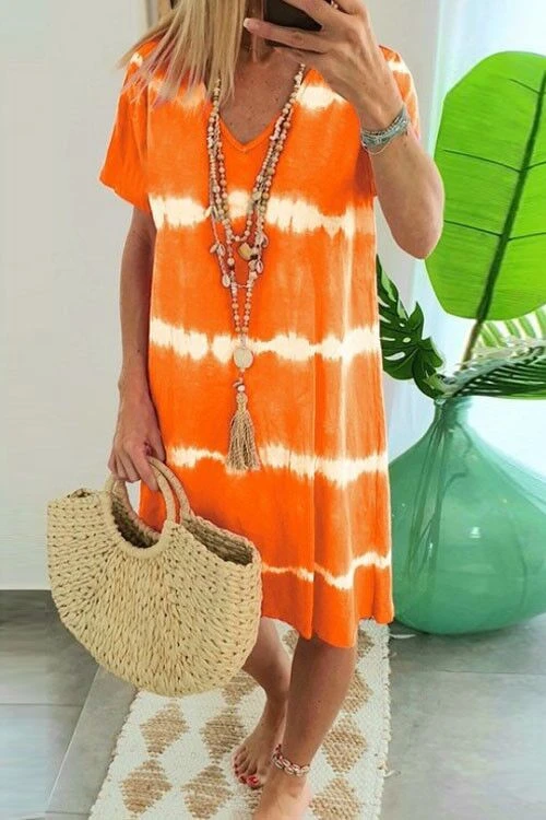 V Neck Short Sleeve Tie Dye Stripes T-shirt Dress