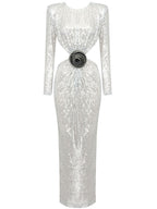 Aviva Long Sleeve Cutout Sequin Maxi Dress In Silver