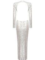 Aviva Long Sleeve Cutout Sequin Maxi Dress In Silver