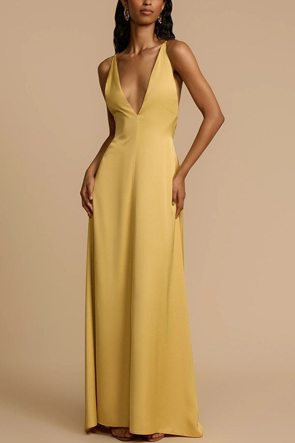 Yellow Backless Satin Slip Maxi Dress