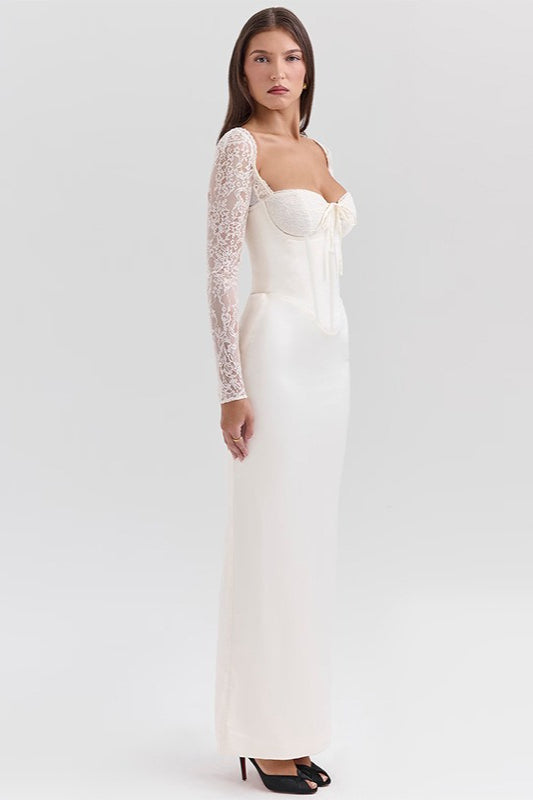 Lace Corset Sweetheart Long Sleeve Satin Mermaid Maxi Formal Gown