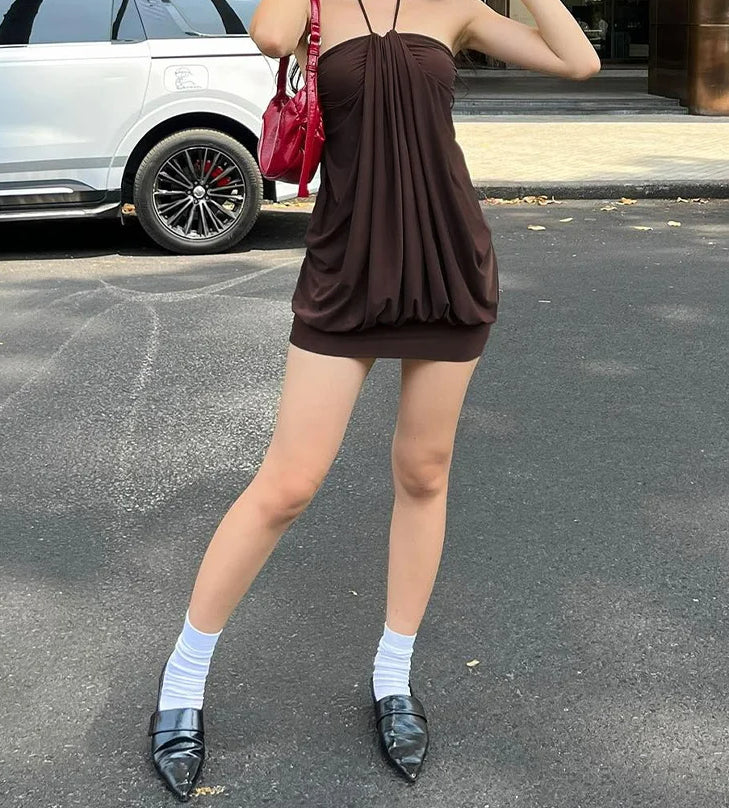 Halter Neck Draped Bubble Hem Ruched Mini Dress