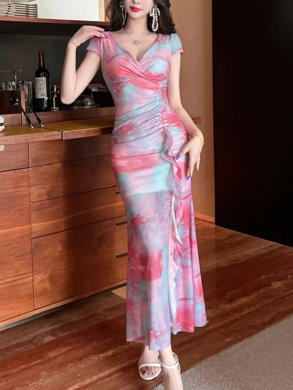 Tie-Dye Surplice Ruffle Slit Dress