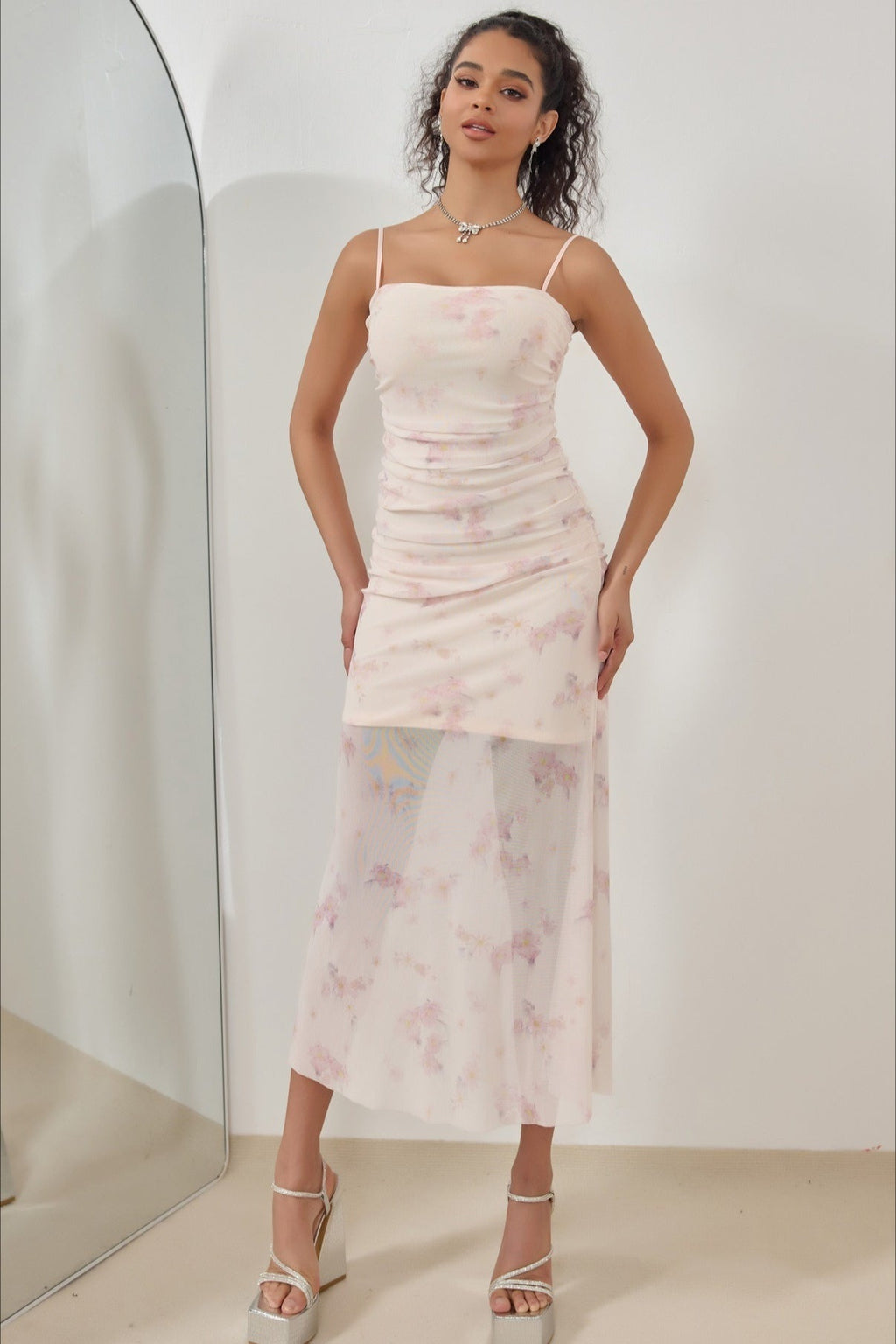 Pink Spaghetti Strap Square Neck Ruched Mesh Sheer Overlay Watercolor Floral Midi Dress