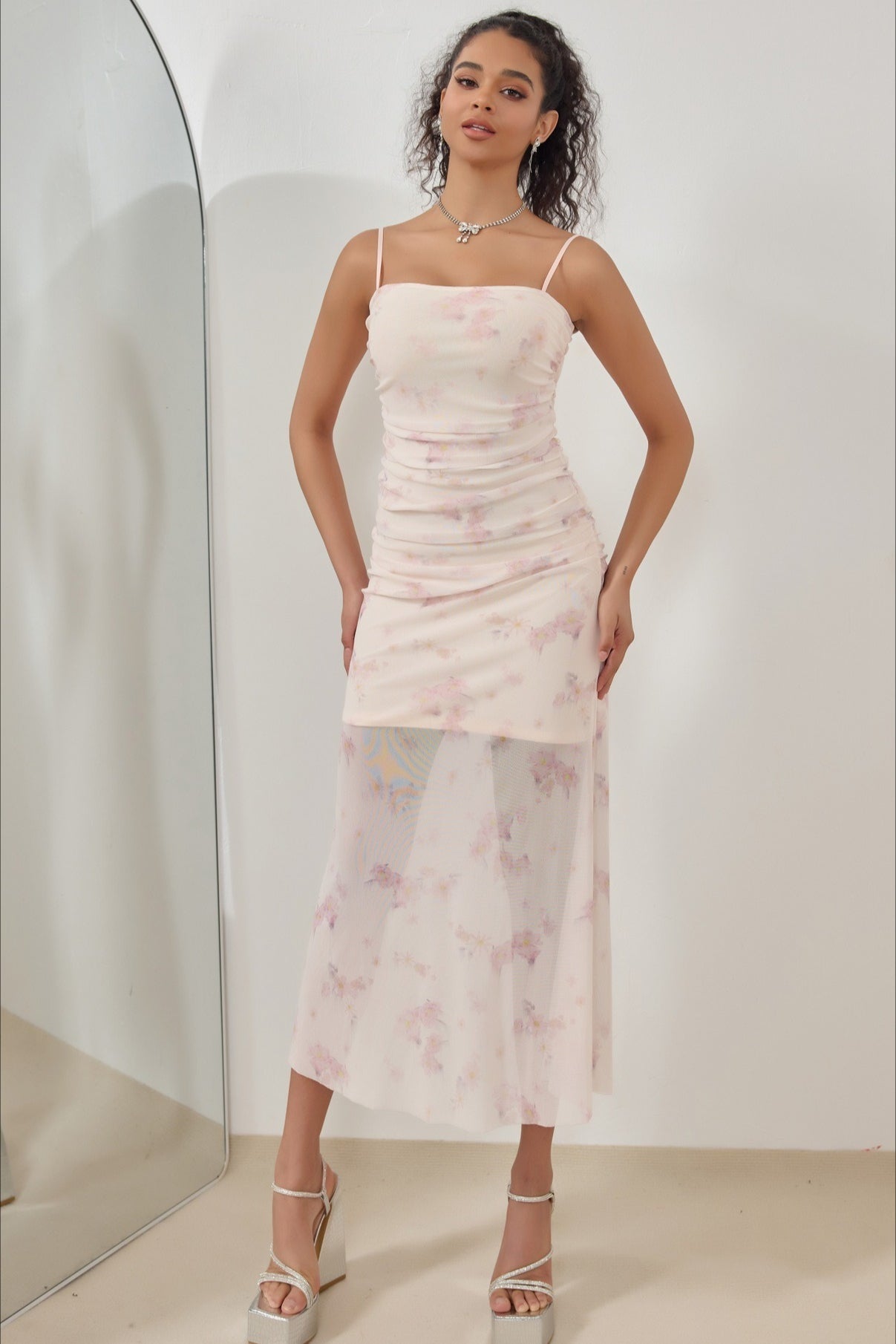 Pink Spaghetti Strap Square Neck Ruched Mesh Sheer Overlay Watercolor Floral Midi Dress
