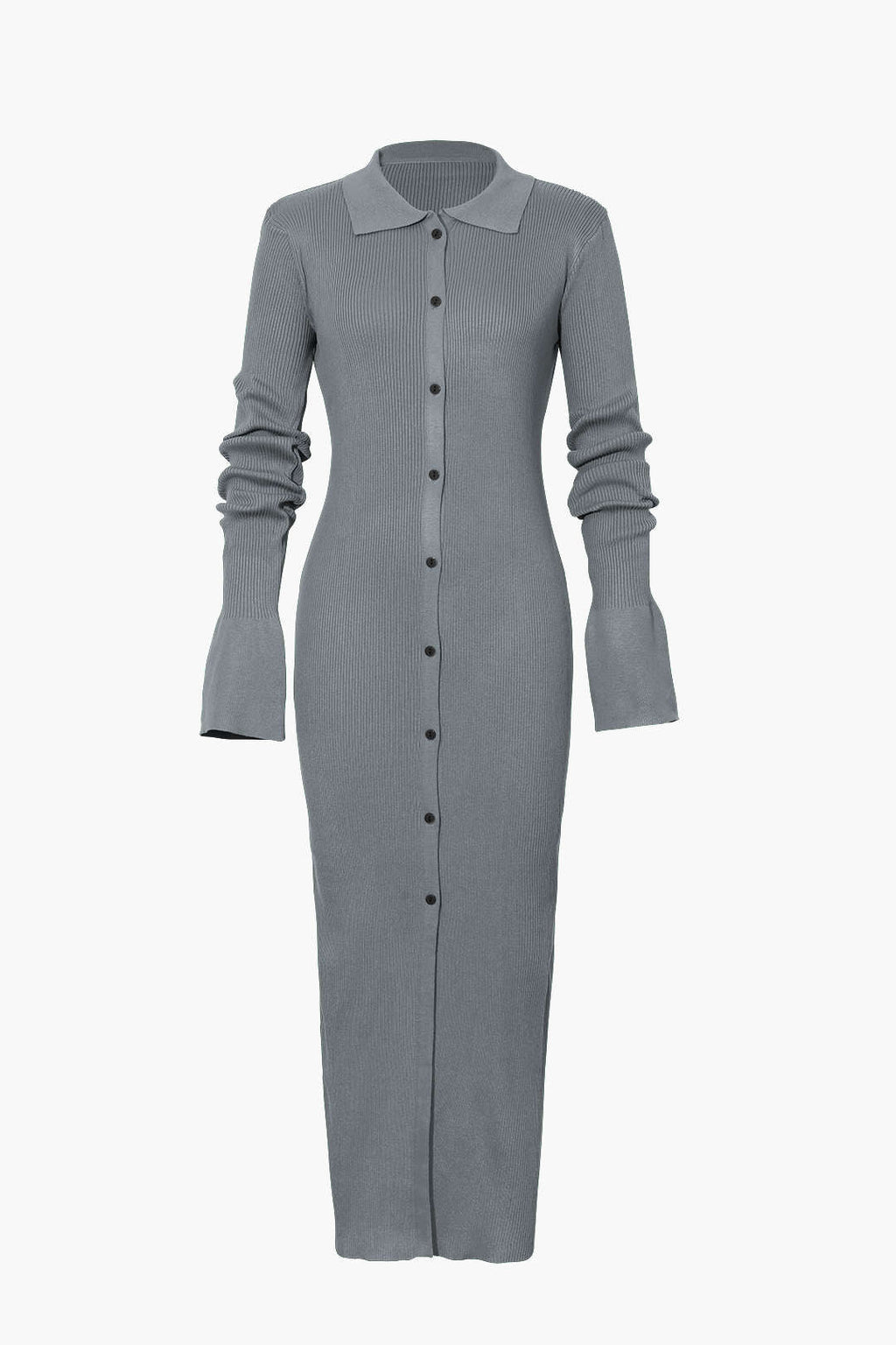 Rib Knit Polo Collar Button Front Flared Cuff Maxi Dress