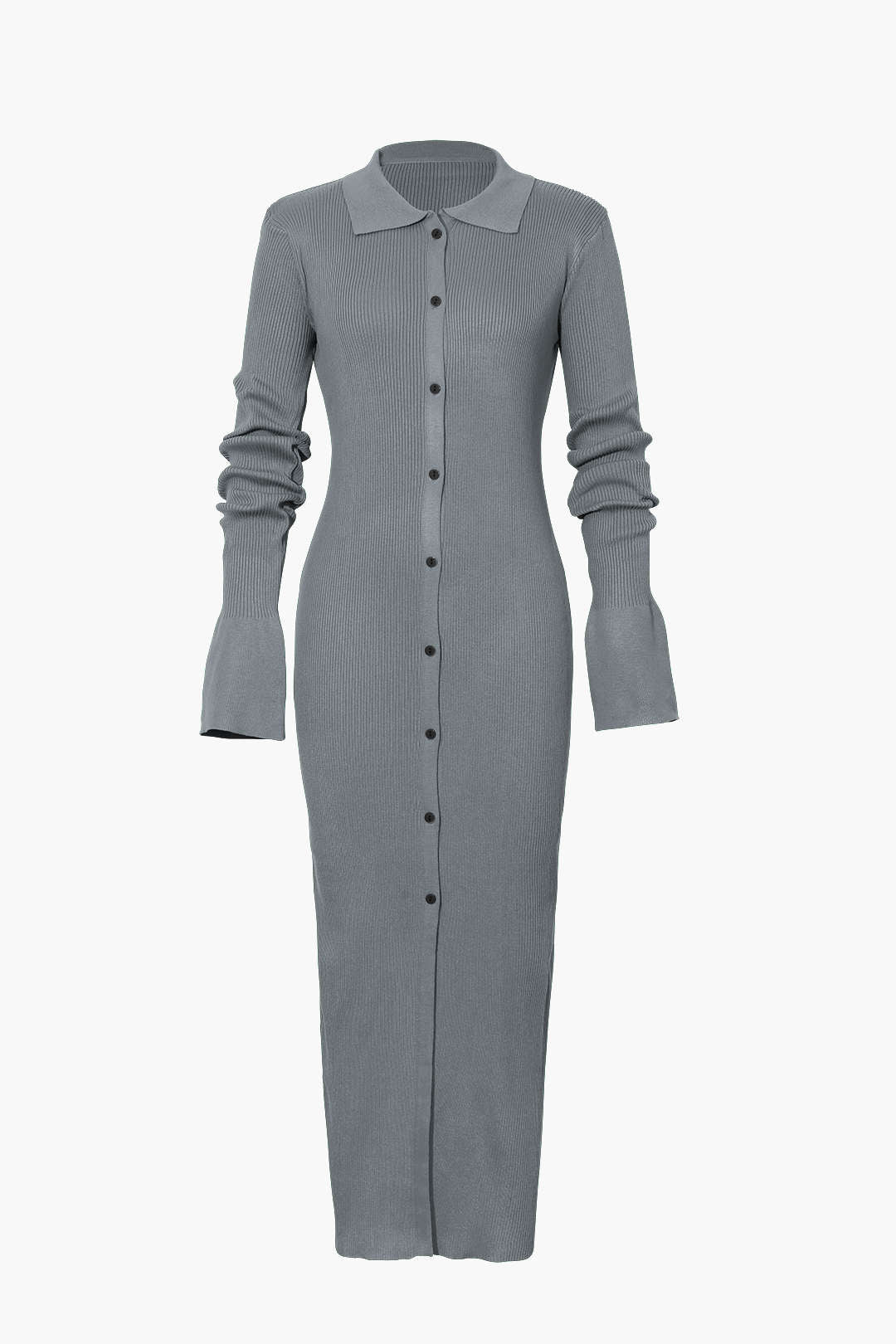 Rib Knit Polo Collar Button Front Flared Cuff Maxi Dress