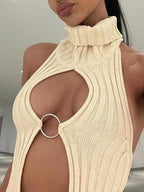 Cutout Metal Ring Slit Backless Knit Tank Top