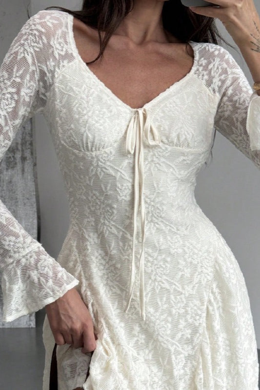 Sweetheart Neck Tie Front Floral Lace Long Bell Sleeve Side Slit Mini Dress