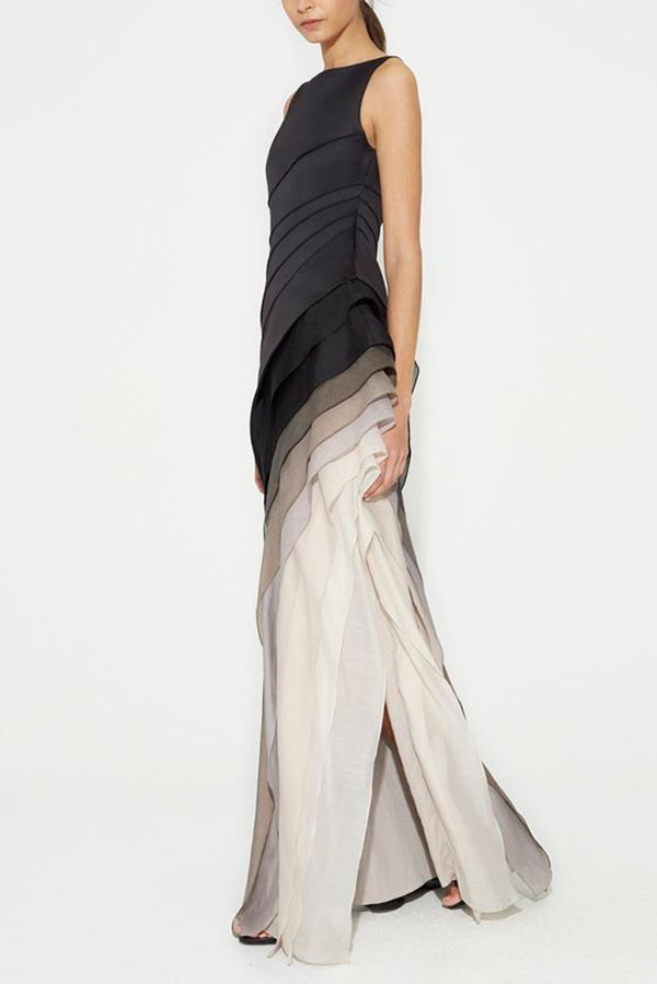 Ombre Gradient Diagonal Tiered Ruffle Column Maxi Gown