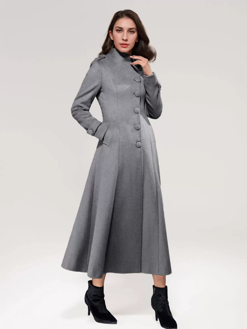 Wool Blend Long Coat A-line Flared Stand Collar Elegant Gray Vintage Winter Outerwear For Women 2026