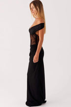 Off Shoulder Sweetheart Lace Paneled Sheer Midriff Column Maxi Dress
