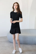 Short Sleeve Round Neck Side Ruched Drawstring Flounce Hem Mini Dress