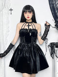 Velvet Corset Lace Cross Halter Cage Strap Lace Up Mini Dress
