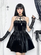 Velvet Corset Lace Cross Halter Cage Strap Lace Up Mini Dress