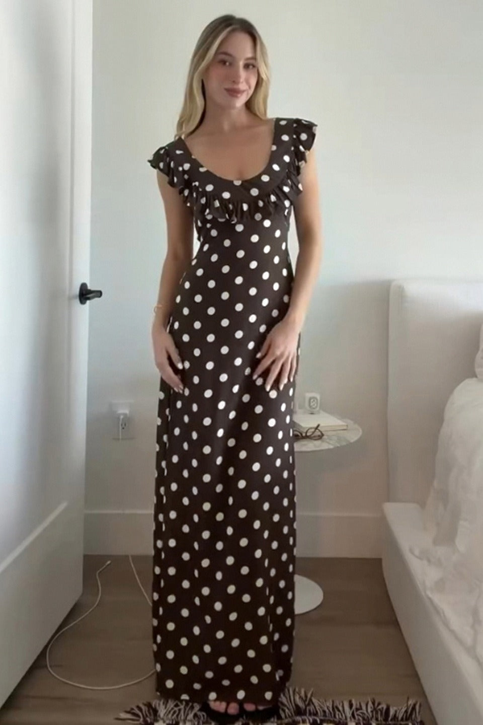 Polka Dot Scoop Neck Ruffle Trim Cap Sleeve Bodycon Maxi Dress