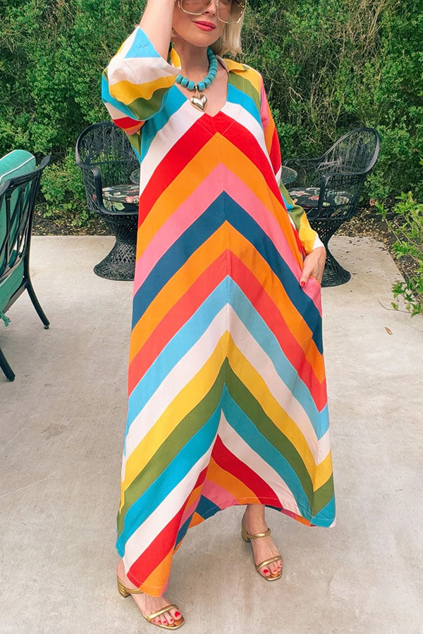 Rainbow Skyline Color-block Print Pocket A-line Shirt Maxi Dress