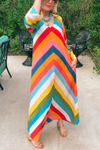 Rainbow Skyline Color-block Print Pocket A-line Shirt Maxi Dress