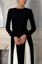 Long Sleeve Crew Neck Paneled Pleated Godet A-Line Maxi Dress