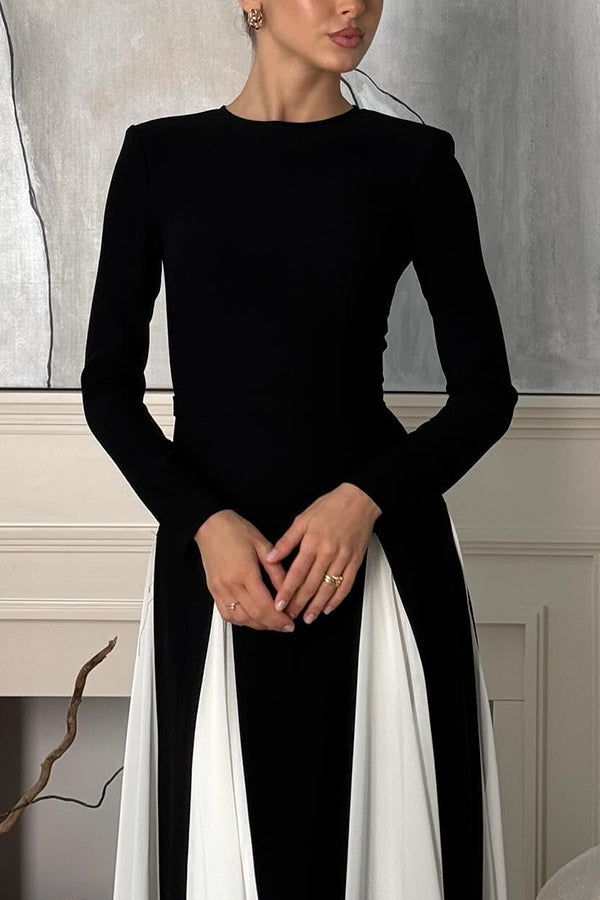 Long Sleeve Crew Neck Paneled Pleated Godet A-Line Maxi Dress