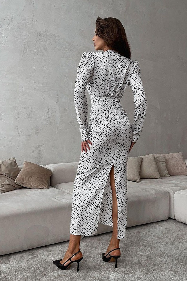 White Polka Dot Floral V-Neck Puff Sleeve Maxi Dress