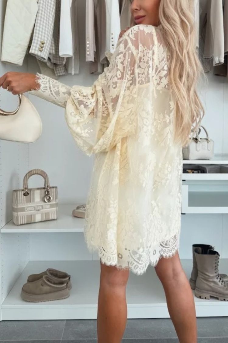| A-line mini dress in night rose with lace bow and long balloon sleeves