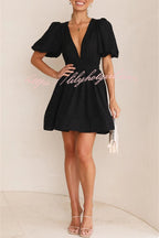 Deep V-Neck Puff Sleeve Smocked Waist Fit and Flare Mini Dress