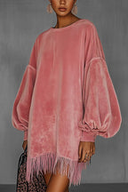 Solid Color Loose Long-sleeved Casual Tassel Hem Mini Dress
