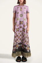 Lucia Satin Baroque Court Style Printed Short Sleeve Pocket Feather Trim Maxi Dress