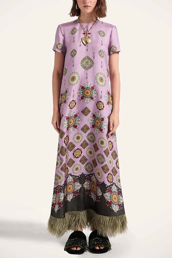Lucia Satin Baroque Court Style Printed Short Sleeve Pocket Feather Trim Maxi Dress