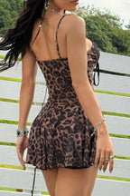 Lace Bustier Tie Front Spaghetti Strap Print Mini Dress