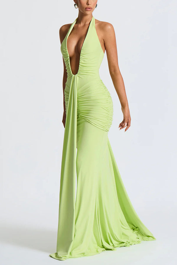 Solid Color Elegant Halterneck V-neck Open Back Tie Gathered Maxi Dress