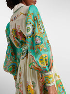 Collared Button Front Puff Sleeve Paisley Print Tie Waist Tiered Midi Dress
