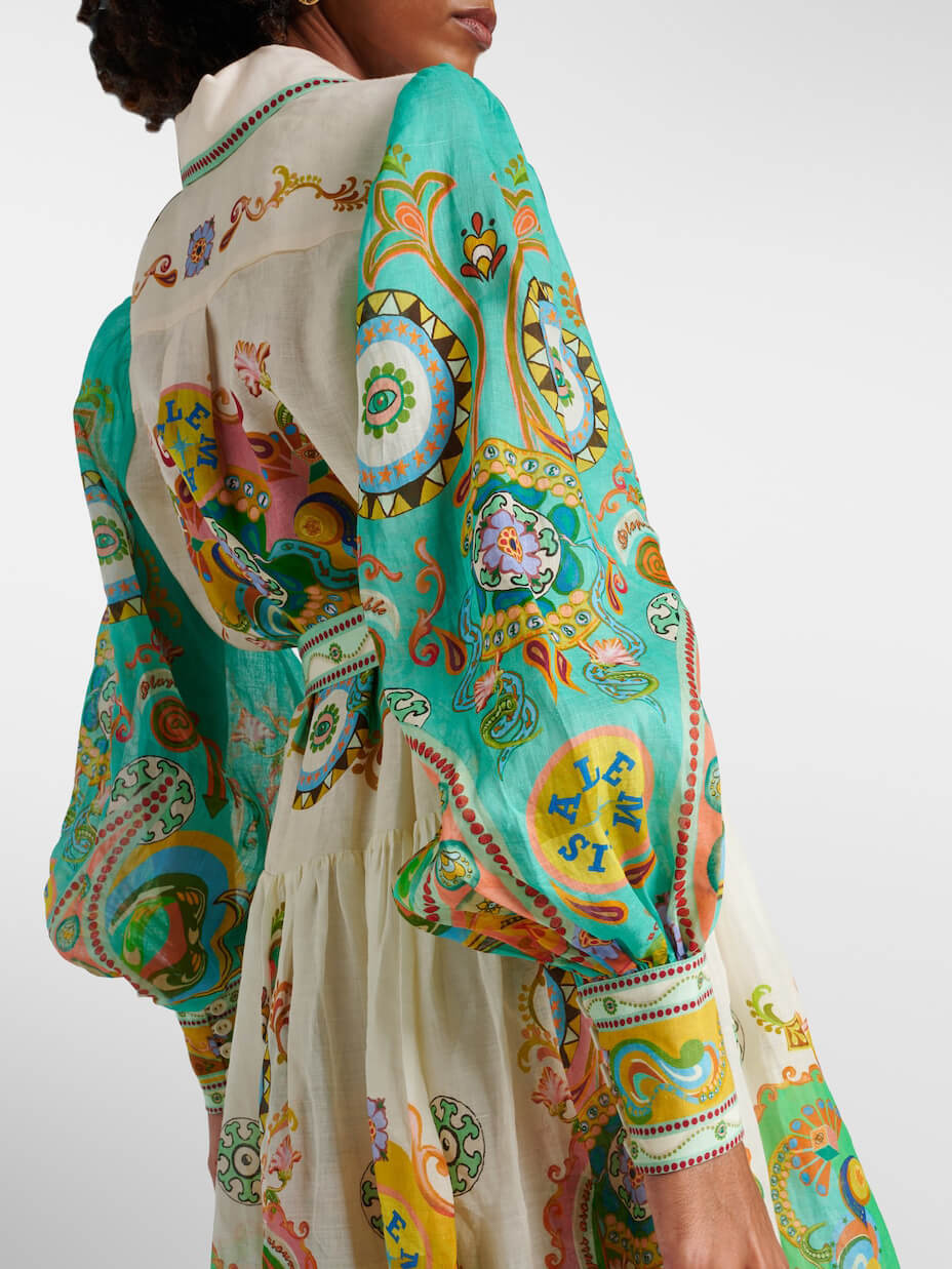 Collared Button Front Puff Sleeve Paisley Print Tie Waist Tiered Midi Dress