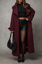 Wool Double Breasted Lapel Tie Long  Overcoat