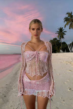 Sequin Crochet Halter Crop Top and Distressed Fringe Mini Skirt Set