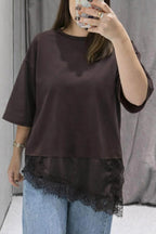 Stylish Round Neck Short-sleeved Patchwork Lace Hem Loose T-shirt