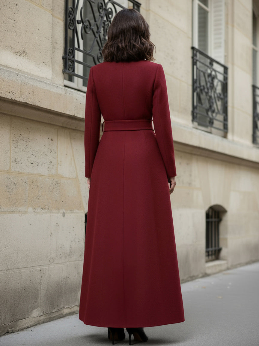Woolen Full-Length Maxi Coat With Stand Collar And Flap Pockets For Women 2026