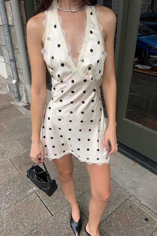 Polka Dot Satin Lace Trim Halter Neck Deep V-Neck Empire Waist Mini Dress