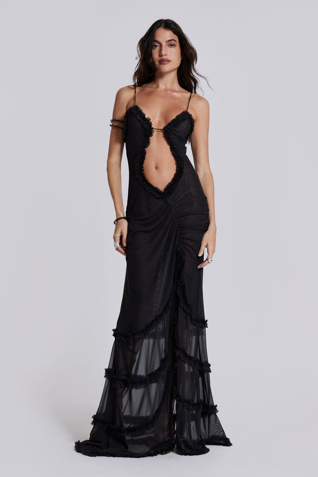 Mixed Print Spaghetti Strap Oval Front Cut Out Tiered Ruffle Slit Maxi Dress